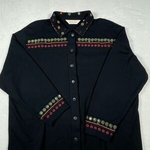 Y2K Vintage Bechamel Black Button-Up Shirt with Green and Pink Embroidery